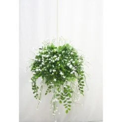 Iso tekokukka-amppeli 48cm valkoiset kukat/tummat lehdet